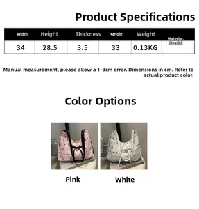 Size chart showing 34x28x3cm dimensions and colors for this stylish polka dot shoulder bag