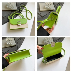 Detail view showing neon green and beige canvas patchwork bag with metal buckle