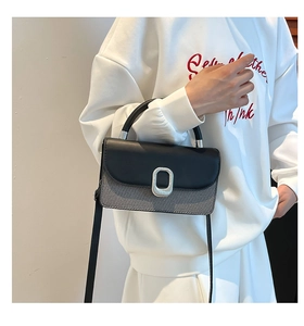 Model wearing a retro color-block handbag with silver oval buckle and slim shoulder strap