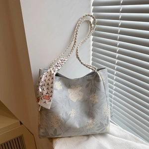 Women Floral Canvas Tote Bag New Chinese Style Braided Handle Shoulder Bag With Decorative Scarf For Daily Shopping Travel