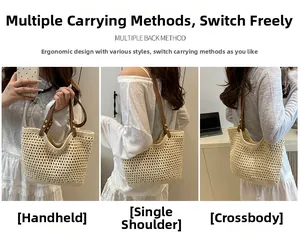 Dettaglio della borsa in paglia intrecciata a mano con rete beige e manici in pelle marrone