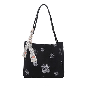 Sac fourre-tout à fleurs en toile avec anses en corde et foulard en soie décoratif