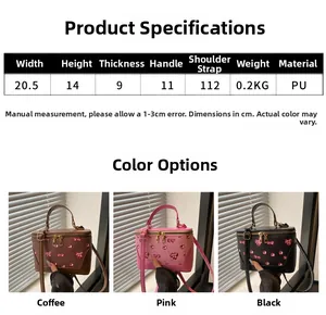 Detailed size chart for retro cherry print PU handbag with dimensions and color options