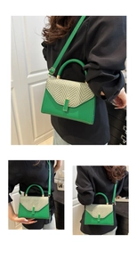 Detail of green leather and woven straw crossbody bag with gold metal hardware