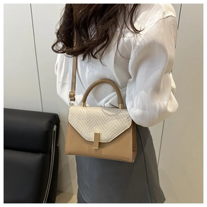 Detail of checkered woven flap on khaki crossbody bag with golden metal clasp hardware