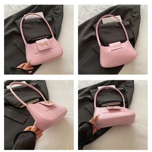 Pink leather shoulder bag detail with golden bow clasp and seamless four-grid views