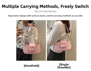 Pink PU leather shoulder bag with metal bow detail showing dual-use carrying styles