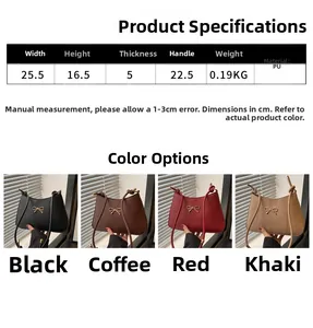 Detail view of four-color PU shoulder bags with bow accents and dimension specifications