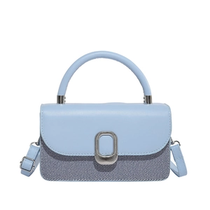Light blue faux leather and canvas crossbody bag with silver oval twist lock buckle
