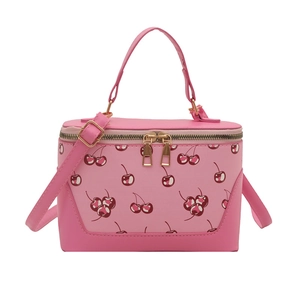Pink cherry print box handbag with golden zipper and adjustable shoulder strap