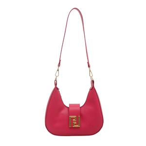 Fashionable rose red crescent underarm bag with golden geometric clasp in a minimalist style