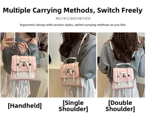 Pink and white backpack showing multiple carrying styles like handbag and shoulder bag
