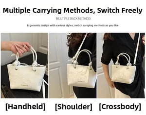 Three-way carry white woven tote bag shown as handbag, shoulder bag, and crossbody style