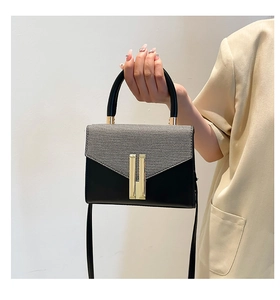 Detail of elegant two-tone handbag featuring grey textured fabric and gold metal buckle