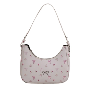 White crescent floral handbag with pink bow patterns and silver bow metal accessory