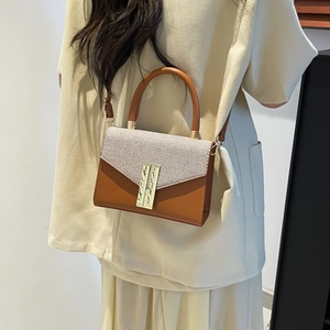 Chic two-tone shoulder bag in caramel leather and beige woven texture for women