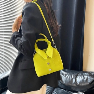 Chic bright yellow shirt-style handbag with lychee pattern and silver buttons decoration