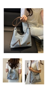 Detail of blue zigzag woven fabric handbag showing leather strap and versatile carrying ways