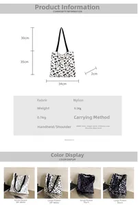 Detailed size chart and material specs for lightweight floral nylon tote shoulder bags