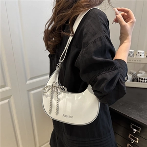 White semi-circle hobo bag in glossy leather with bead bow charm for women