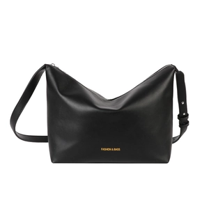 Minimalist black leather hobo shoulder bag with adjustable strap and front lettering