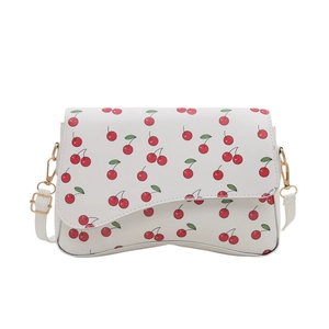Fresh summer white shoulder bag with cherry print and wavy bottom design
