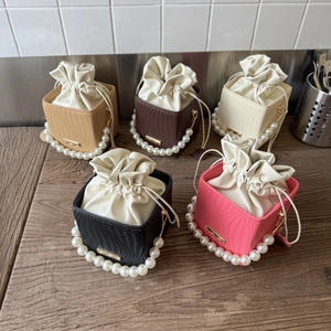 French style drawstring pearl strap handbags in khaki, brown, white, black and rose pink