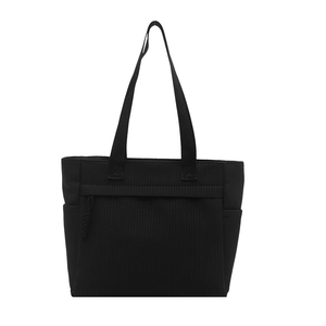 Black large capacity tote bag with vertical corduroy texture and front zipper pocket