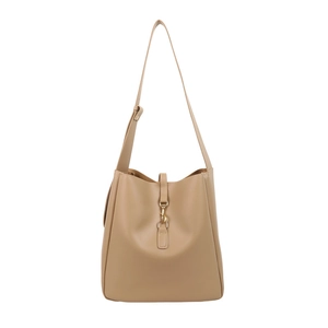 Minimalist light brown bucket bag with gold metal clasp and adjustable strap for women
