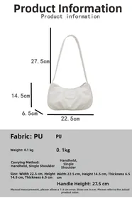 Detail showing white pleated PU shoulder bag dimensions and lightweight material specifications