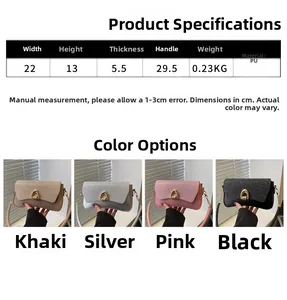 Detailed size chart and specifications for the sequin crossbody bag in four colors