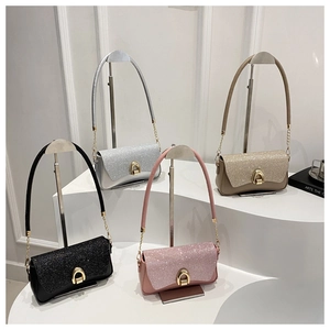 Sequin flap crossbody bags in black, silver, pink, and beige with U-shaped metal buckles