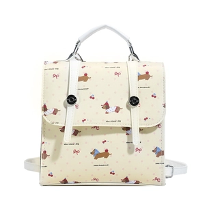 Mini sac à dos en cuir PU crème avec motifs teckel mignons et poignée supérieure