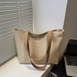 Women Large Capacity Woven Tote Bag Summer Fashion Urban Commuter Shoulder Bag PU Leather Handle Casual Zippered Handbag