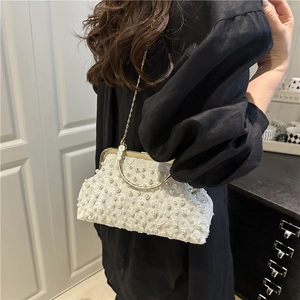 Lace floral evening clutch with pearls, gold ring handle and chain strap for weddings