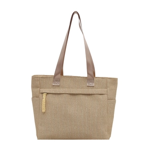 Large khaki woven tote bag with lavender handles and a yellow zipper charm for women