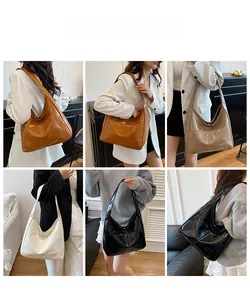 Multiple views of models wearing large capacity patent leather tote bags in various colors