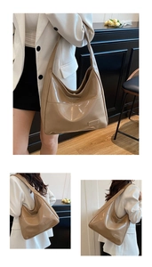 Detailed views of a minimalist khaki patent leather tote bag with a high-shine finish