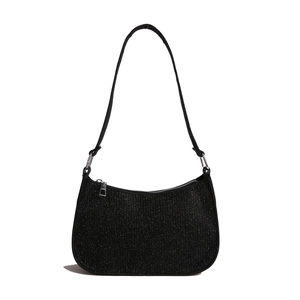 Sparkly black crescent shoulder bag with silver zipper and shiny sequin finish for women