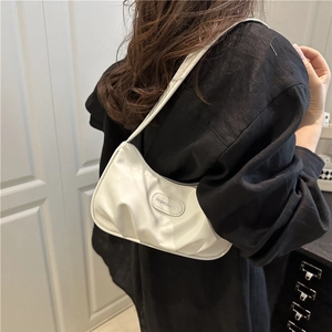 White ruched underarm bag with crescent shape and fashion logo for summer style