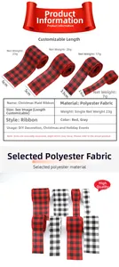 Detailed size specifications for red and black plaid Christmas ribbons in polyester fabric