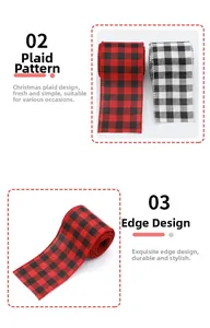 Close-up of red and black plaid Christmas ribbons showing hemming design and rolled texture