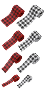 Detail of red and black buffalo plaid ribbons in four widths for Christmas decor