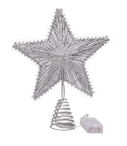 Estrella plateada para árbol de Navidad con purpurina, base de hierro y caja de LED