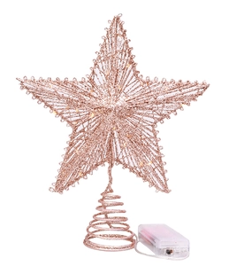 Estrella para árbol de Navidad en oro rosa con estructura de hierro, purpurina y luces LED