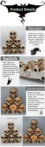 Detail view of Halloween resin skull pile lamp with glowing LED eyes and bottom switch