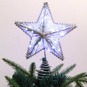 Estrella para árbol de Navidad de hierro plateado con luces LED blancas y base de espiral