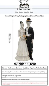 Detailed view of resin Halloween skull bride and groom wedding statue measuring 28cm tall