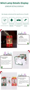 Detailed views of LED Christmas lantern boxes, battery compartment, and three festive designs