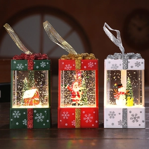 Christmas LED Water Filled Lantern Snowman Santa Claus Micro Landscape Gift Box Shape Night Light Desktop Glitter Snow Globe Hanging Ornament
